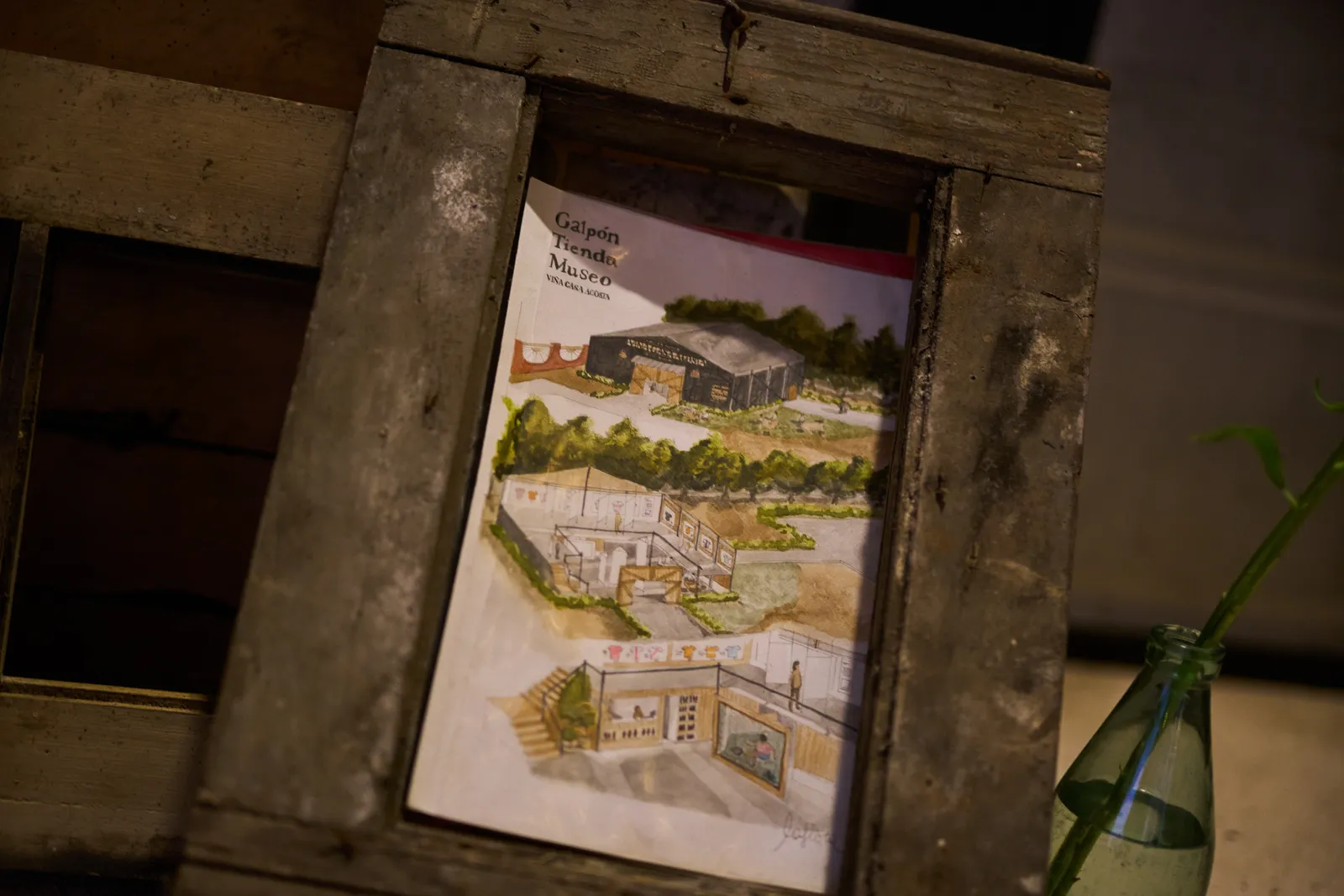 Acuarela enmarcada del proyecto Galpón Tienda Museo de la viña